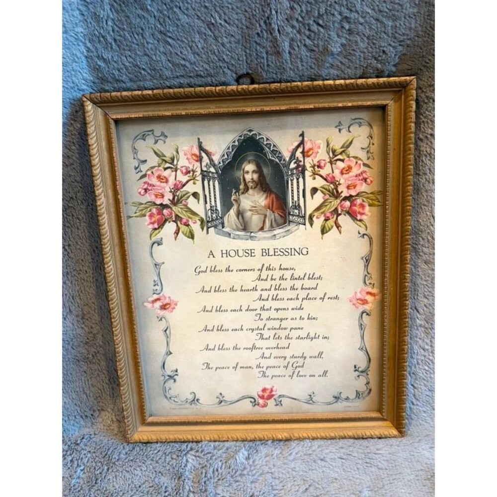 Vintage Catholic A House Blessing Framed Print Jesus Christ Floral Wall Art 8x10